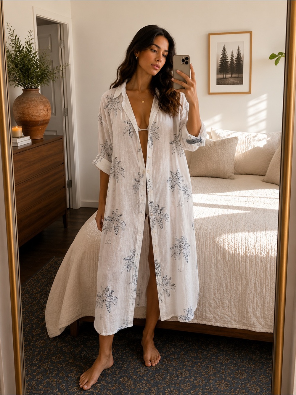 blue island White Longline Palm-Print Swim Coverup